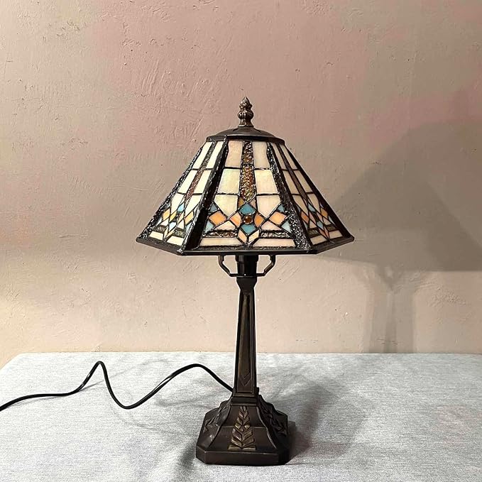 Bieye L10791 Mission Style Table Lamp Tiffany Stained Glass Night Light with Hexagonal Cone Lampshade, 10" W x 16" H