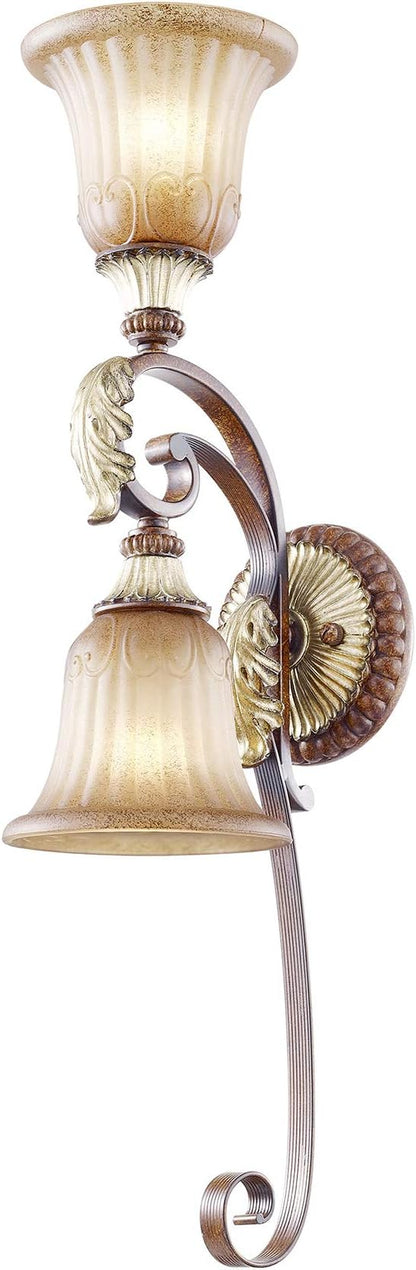 Livex Lighting 8572-63 Villa Verona 2 Light Verona Bronze Finish Wall Sconce with Aged Gold Leaf Accents and Rustic Art Glass