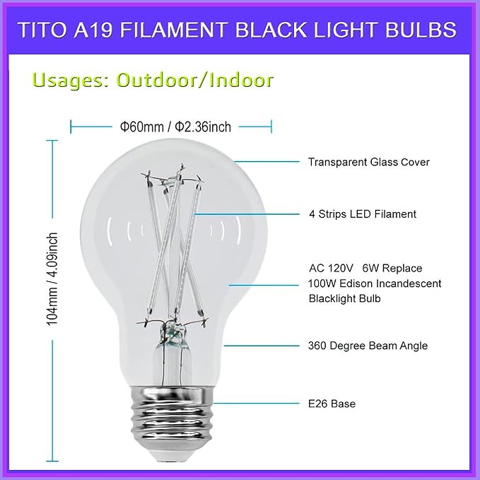 TITO 8 Pack E26 A19 Dimmable Filament LED Black Light Bulbs, UVA 395nm 6W Blacklight Bulb 100W Equivalent, Black Light Bulb Glow in Dark Halloween Christmas Party Fluorescent Posters Decor Display