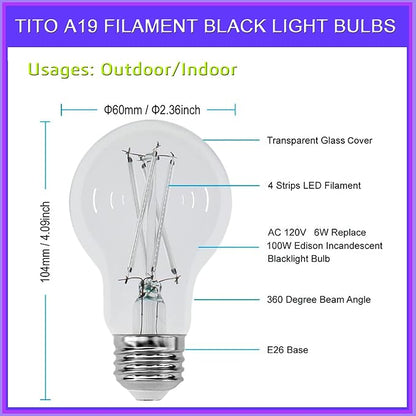 TITO 8 Pack E26 A19 Dimmable Filament LED Black Light Bulbs, UVA 395nm 6W Blacklight Bulb 100W Equivalent, Black Light Bulb Glow in Dark Halloween Christmas Party Fluorescent Posters Decor Display