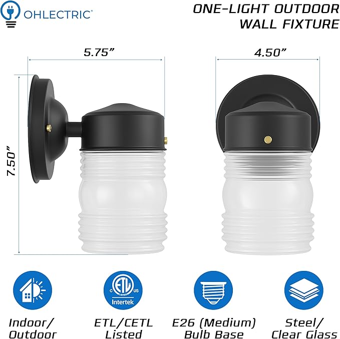 OHLECTRIC Outdoor Wall Sconce Wall Light (4-Pack) Jelly Jar Design, Vintage Clear Ribbed Glass, Dimmable & LED Compatible, Wet-Rated, Matte Black, Ideal for Porch, Patio, Garage, 5.75"x7.5"