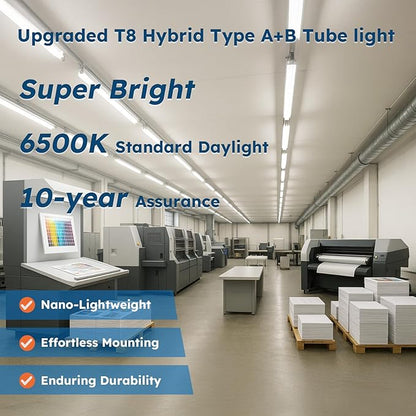 10-Pack T8 LED Tube Lights 4ft, 48 Inch Fluorescent Replacement Bulbs 2000 Lumens, 6500K Daylight White Light, Hybrid Type A+B Single/Double Ended, Frosted Lens, ETL Certified
