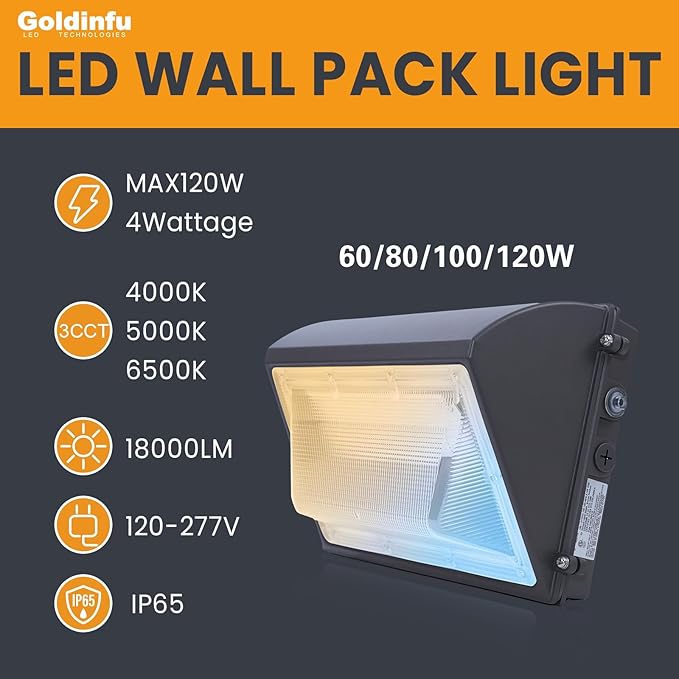 120W LED Wall Pack Light with Photocell 2Pack, 4000/5000/6500K 3CCT, 60/80/100/120W Selectable, Commercial Security Lighting Outdoor LED Wall Lights for Parking House Warehouse 100-277V ETL Listed