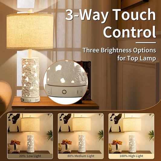 25.5" Modern Ceramic Table Lamp Set of 2 - Bedroom Nightstand Lamp for Living Room, White Bedside Lamp Farmhouse Night Stand Light Lamp for Study Room Office (Ceramic-2 Pack)