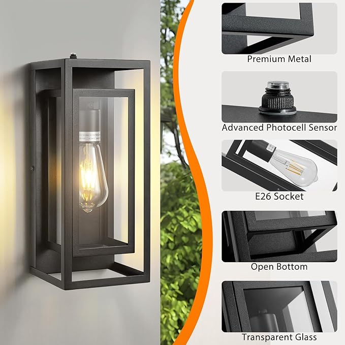 14" Outdoor Wall Lights Fixtures Dusk to Dawn Exterior Lighting Fixtures, Black Outdoor Wall Lantern with E26 Socket, Modern Front Porch Light, Coach Lights for Garage, Porch, Front Door 2Pack