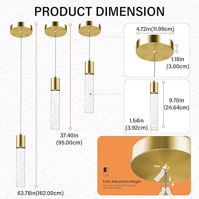 Pendant Lights Kitchen Island, 6500K Modern Kitchen Island Lights Brushed Gold, 1 Pack Ceiling Lighting Fixtures with Crystal Bubble, Integrated LED Hanging Light for Dining Room Restaurants