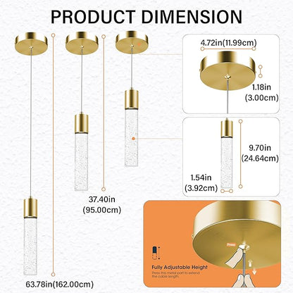 Pendant Lights Kitchen Island, 6500K Modern Kitchen Island Lights Brushed Gold, 1 Pack Ceiling Lighting Fixtures with Crystal Bubble, Integrated LED Hanging Light for Dining Room Restaurants