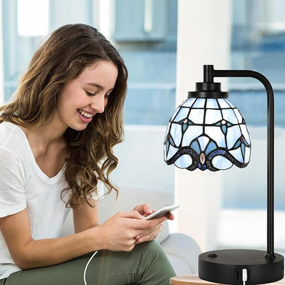 TL0016 Tiffany Table Lamp with 2 USB Charging Ports, Desk Lamp with Blue Baroque Stained Glass Lamp Shade, Retro Nightstand H 14.5" for Bedrooms Office Study, LED Bulbs Included (Blue)