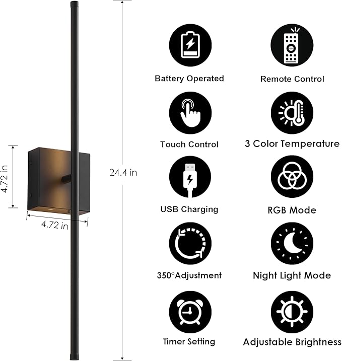 24.4 Inch 9 RGB Color Battery Operated Wireless Wall Sconces Set of Two, with Remote, Dimmable, Warm/Natural White/Daylight, Rotatable, LED Wall Light for Living Room, Bedroom, Black