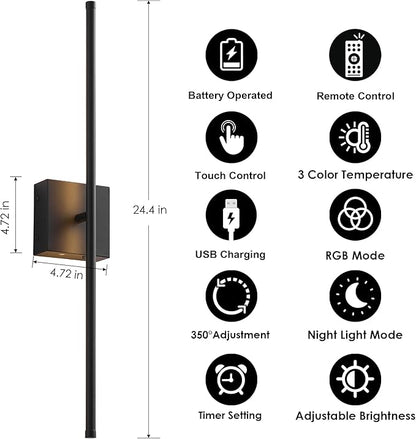 24.4 Inch 9 RGB Color Battery Operated Wireless Wall Sconces Set of Two, with Remote, Dimmable, Warm/Natural White/Daylight, Rotatable, LED Wall Light for Living Room, Bedroom, Black