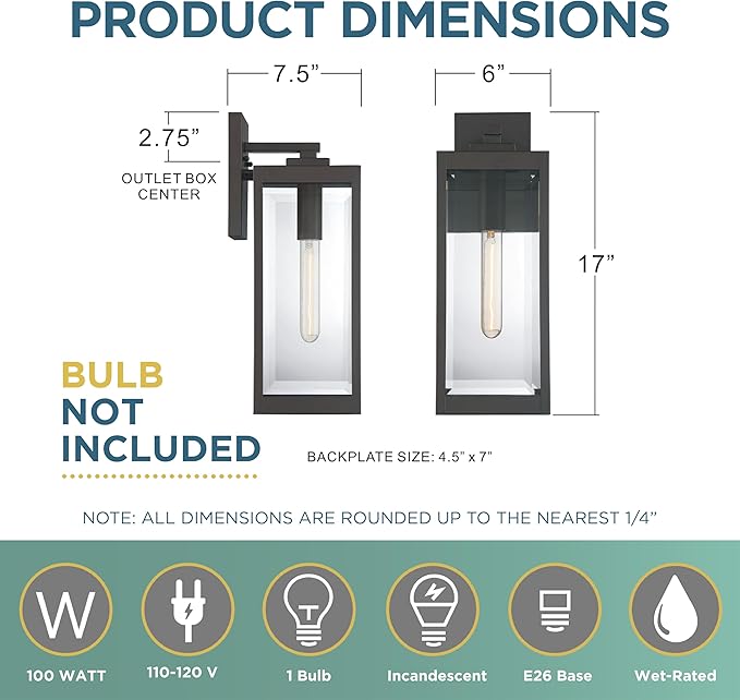 Quoizel Westover Modern Wall Sconce, 17 Inch Western Bronze 1-Light Outdoor Light Fixture, Clear Beveled Glass Wall Lantern, 100 W, Industrial Design Wall Light for Porch, Patio, Gazebo or Yard