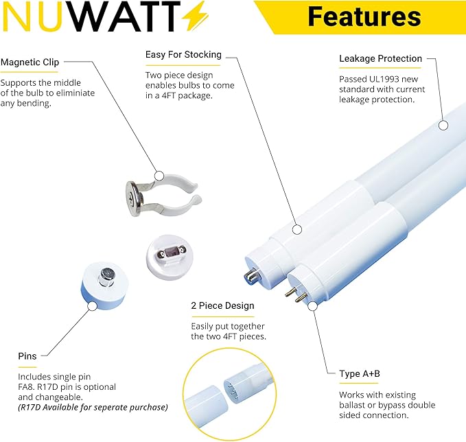 NUWATT T8 LED 8 FT Tube Frosted Lens (15 Pack) 42W 5500 Lumens 5000k, 120-277V; Double Pins, Breaks Down into 2-4 FT Fixtures, (15 Pack)