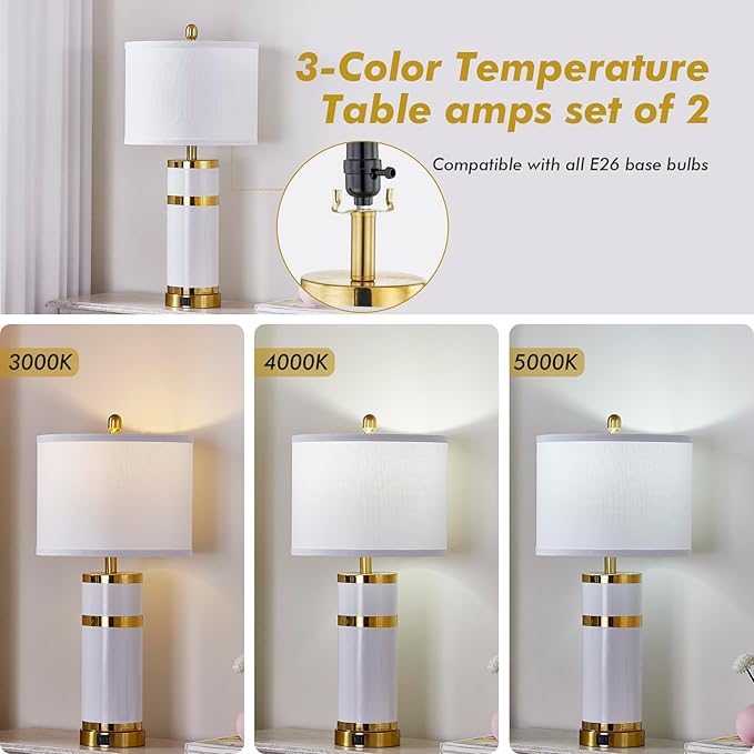 Ceramic White Gold-Plated Decorative 28" Table Lamps Set of 2 with E26 Socket&Rotary Switch,USB A+C Ports,Modern Bedside Lamps for Nightstand,Bedroom,Living Room,Decoration,Office(Bulbs in)