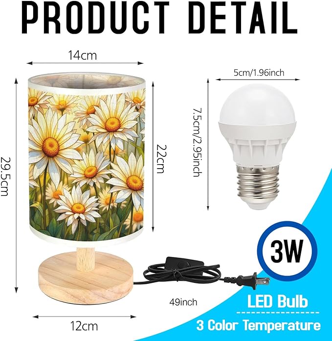 Daisy Table Lamp LED 3-Color Pressed Bedside, Daisy Shade Lamp with Wood Base for Bedroom Living Room Desk Office