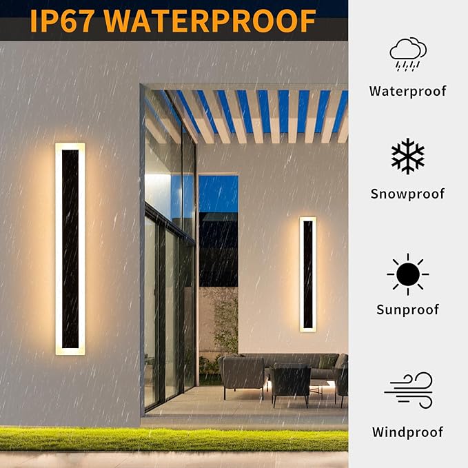 Mikeru 2Pack 39.3inch Modern Outdoor Exterior Wall Light, 3000k/4500k/6000k 3 Colors Switchable Large Outdoor Fixture Wall Mount, Ip65 Waterproof Modern Long Porch Light, Hardwired (Width: 5.5inch)