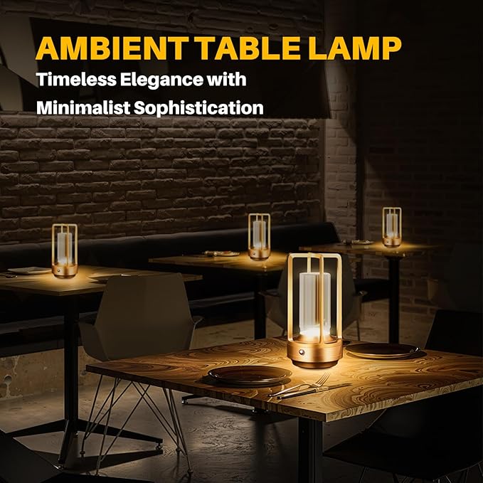 Rechargeable Table Lamp Cordless, 3 Color | Crystal | Stepless Dimming, for Bedroom, Cafe, Camping, Bar, Dining Table, Restaurant, Gold
