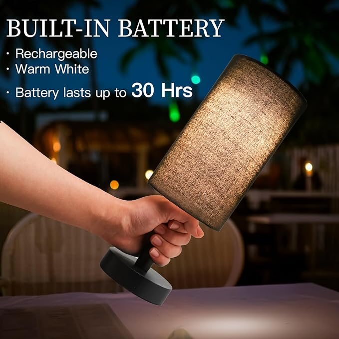 Small Table Lamp Nightstand Lamp Linen Lampshade Bedroom Wood Base Small Bedside Lamp for Night Stands, Desk Lamps for Reading Living Room, Office (LED Bulb Included) (Black and Cordless)
