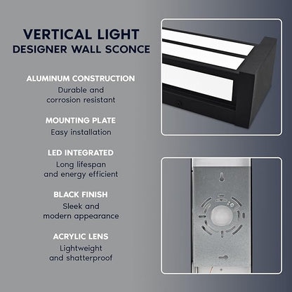 LUXRITE LED Outdoor Wall Sconce, 24in Outdoor Wall Light, Black Aluminum, 3CCT 3000K 4000K 5000K, 26W, ETL, IP65 Waterproof, Modern Exterior Lights for House, Porch, Patio, Front Door, Garage 2 Pack