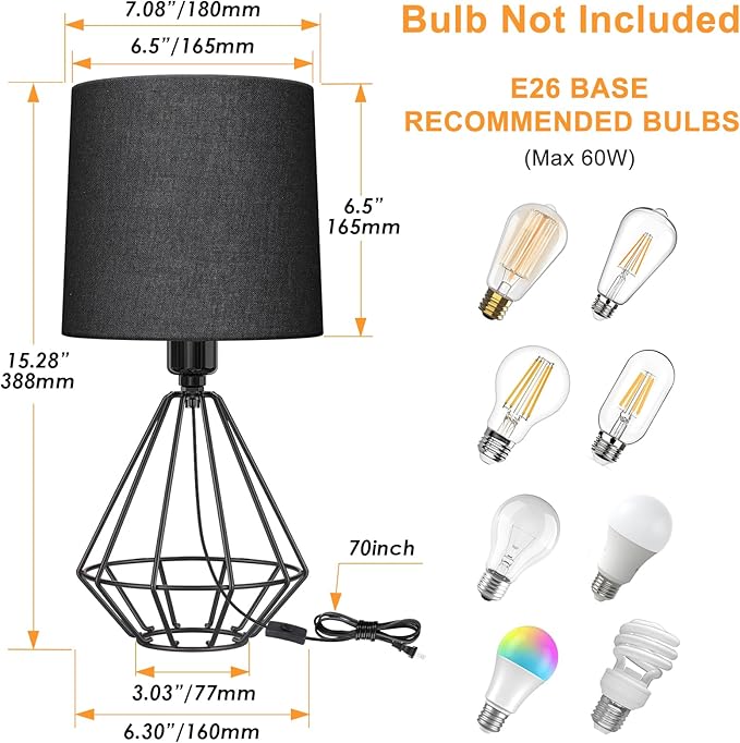GGOYING Set of 2 Bedside Table Lamp, Black Metal Modern Lamp with Black Fabric Shade, Simple Side Lamp for Living Room,Bedroom,Home,Office Working