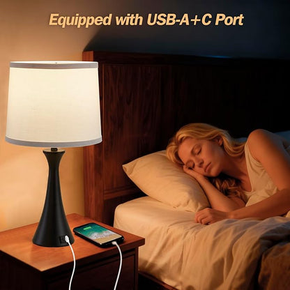 Touch Lamp for Living Room Bedroom, 21" Table Lamps Set of 2 with USB C+A Ports and White Lamp Shades, Touch Bedside Lamps for Nightstand with 3 Way Dimmable, 2 LED Bulbs Included
