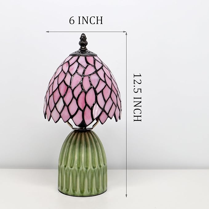 Tiffany Lamp Stained Glass Mushroom Table Lamps 6X6X12.5 Inch Pink Leaf Style Small Night Light Ceramic Base Mini Accent Desk Light Suitable for Bedside Table Bedroom Children Room