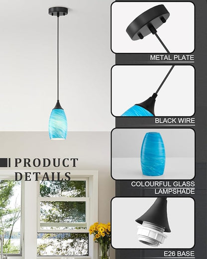 ANYLOVE Vintage Art Lake Blue Stripe Pendant Lighting,1-Pack Hand Glass Hanging Light Fixture,Adjustable Cord for Kitchen,Hallway,Dining Room