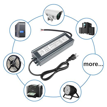 inShareplus 12V 300W Power Supply, AC 80-265V to DC 12 Volt 25A IP67 Waterproof LED Power Supply, Low Voltage Transformer, Outdoor Driver with 3-Prong Plug 3.3 Feet Cable for LED Light, Outdoor Use