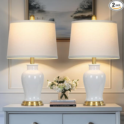 White Ceramic Table Lamps Set of 2, 23" Modern Ceramic Bedside Lamps with Ginger Jar Design, Farmhouse Lamp for Living Room End Table, Elegant Bedroom Lamp for Nightstand Desk Side Home Decor