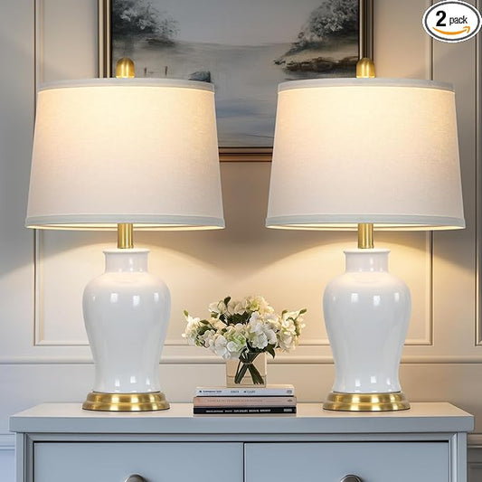 White Ceramic Table Lamps Set of 2, 23" Modern Ceramic Bedside Lamps with Ginger Jar Design, Farmhouse Lamp for Living Room End Table, Elegant Bedroom Lamp for Nightstand Desk Side Home Decor