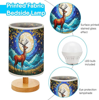 Deer Table Lamp LED 3-Color Pressed Bedside, Deer Shade Lamp with Wood Base for Bedroom Living Room Desk Office TL01
