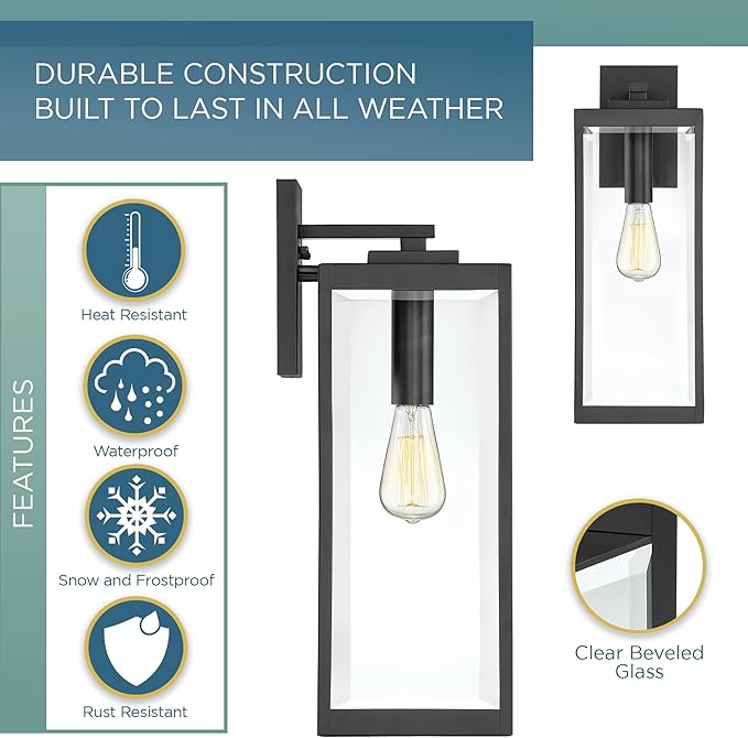 Quoizel Westover Modern Wall Sconce, 20 Inch Earth Black 1-Light Outdoor Light Fixture, Clear Beveled Glass Wall Lantern, 150 W, Industrial Design Wall Light for Porch, Patio, Gazebo or Yard
