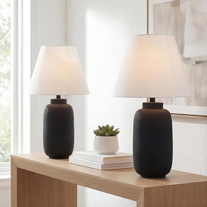JONATHAN Y JYL5603A-SET2 24.5" Modern Minimalist Table Lamp Set of 2, Matte Black Ginger Jar Farmhouse Bedside Lamps for Bedroom, Living Room, Office with White Linen Shade, LED Bulbs Included