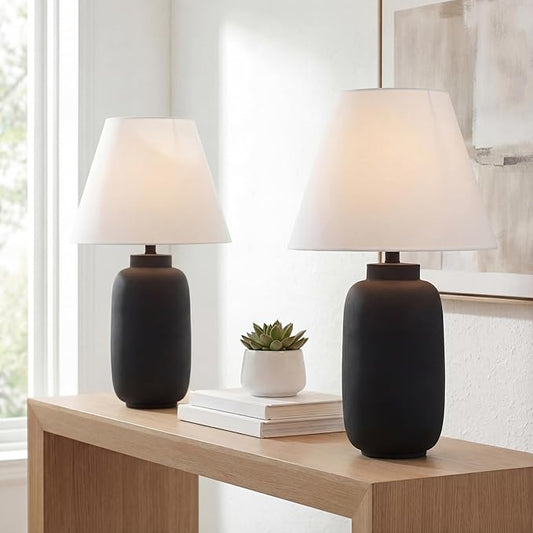 JONATHAN Y JYL5603A-SET2 24.5" Modern Minimalist Table Lamp Set of 2, Matte Black Ginger Jar Farmhouse Bedside Lamps for Bedroom, Living Room, Office with White Linen Shade, LED Bulbs Included