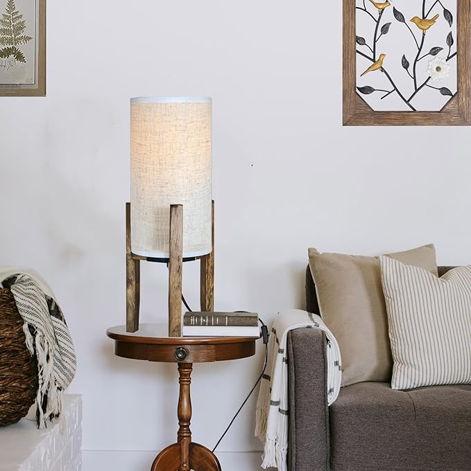 Bedside Table Lamp for Bedroom, Nightstand Wood Lamp with Cream Linen Shade, Modern Accent Desk Light 17.5" H for Living Room, Nursery