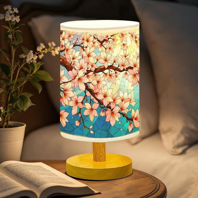 Cherry Blossom Table Lamp LED 3-Color Pressed Bedside, Cherry Blossom Shade Lamp with Wood Base for Bedroom Living Room Desk Office TL01