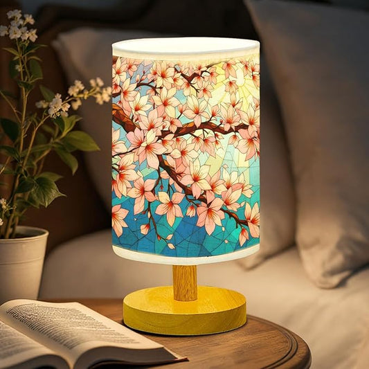 Cherry Blossom Table Lamp LED 3-Color Pressed Bedside, Cherry Blossom Shade Lamp with Wood Base for Bedroom Living Room Desk Office TL01
