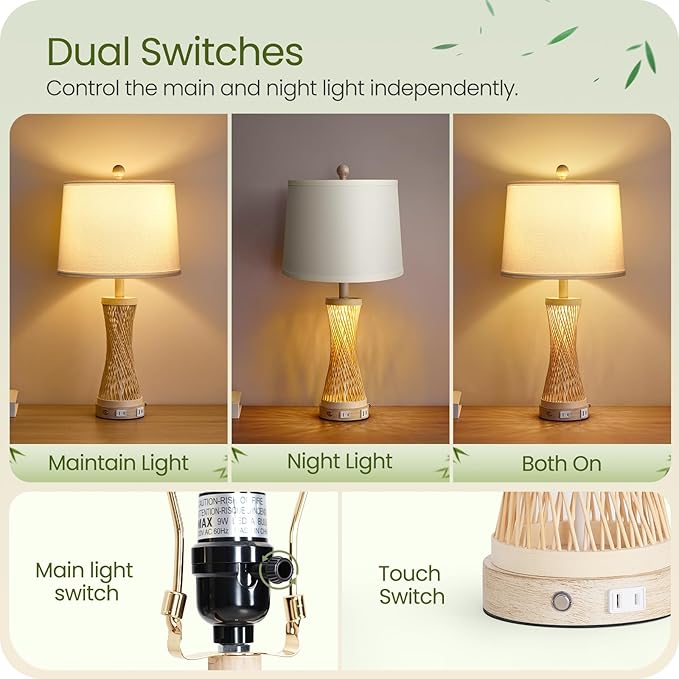 24.4”Farmhouse Rattan Table Lamps Set of 2, Touch Bedside Lamps for Bedroom with 3-Way Dimmable Night Light, USB A+C Charging Ports, Bamboo Boho Nightstand Lamps, White, W04TC05