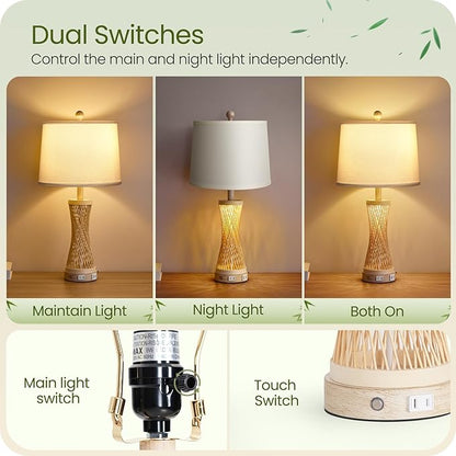 24.4”Farmhouse Rattan Table Lamps Set of 2, Touch Bedside Lamps for Bedroom with 3-Way Dimmable Night Light, USB A+C Charging Ports, Bamboo Boho Nightstand Lamps, White, W04TC05