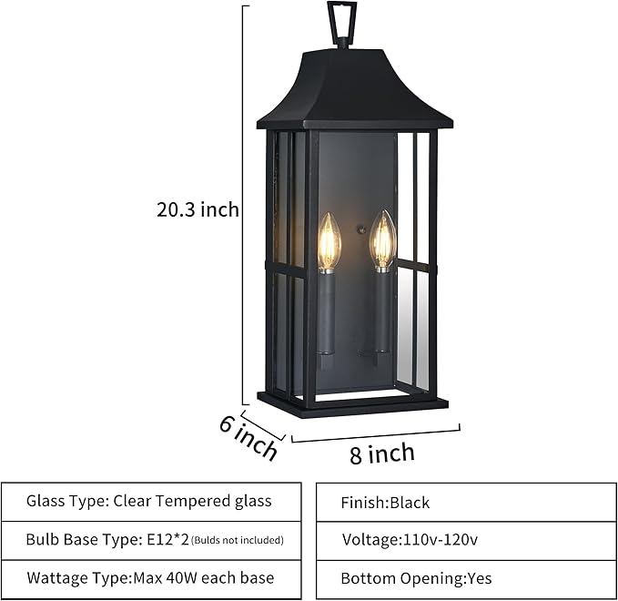 Outdoor Wall Sconce Waterproof Wall Lantern 2-Lights, 20.3" Large Outside Modern Wall Mount Light, Exterior Matte Black Porch Light with Glass for House Patio Garage,Bulbs Not Included