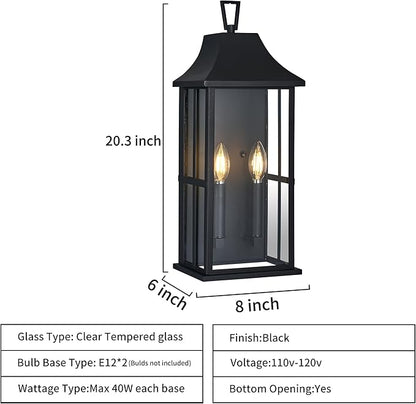 Outdoor Wall Sconce Waterproof Wall Lantern 2-Lights, 20.3" Large Outside Modern Wall Mount Light, Exterior Matte Black Porch Light with Glass for House Patio Garage,Bulbs Not Included