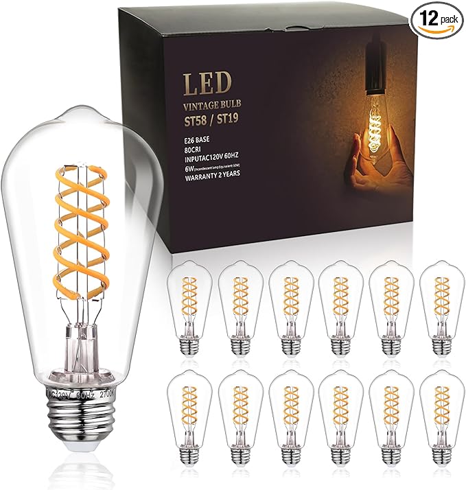 E26 Dimmable Spiral LED Bulb, Soft White 2700K, ST58/ST19 Antique LED Filament Bulbs with 80+ CRI, 600 LM, 6W Equivalent to 60W, Antique Plastic Style for Home, Bedroom, Farmhouse,12 PCS