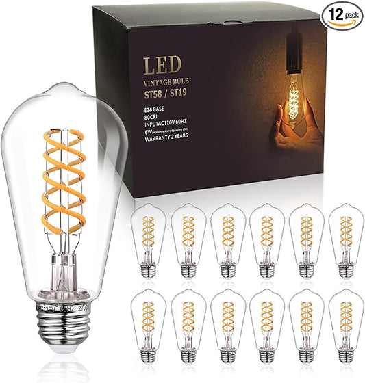 E26 Dimmable Spiral LED Bulb, Soft White 2700K, ST58/ST19 Antique LED Filament Bulbs with 80+ CRI, 600 LM, 6W Equivalent to 60W, Antique Plastic Style for Home, Bedroom, Farmhouse,12 PCS