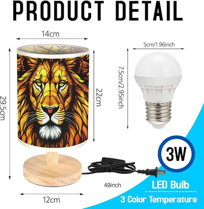 Lion Table Lamp LED 3-Color Pressed Bedside, Lion Shade Lamp with Wood Base for Bedroom Living Room Desk Office TL01