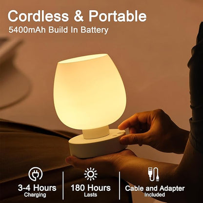 Small Table Lamp Cordless Nightstand Lamp - Rechargeable Modern Bedside Lamp with White Glass Shade, Stepless Dimmable & 8 RGB Colors & Memory, Battery Touch Lamp for Nursery Bedroom Nightstand
