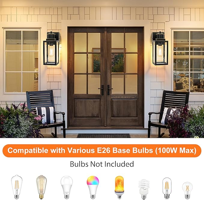 BesLowe 2-Pack Outdoor Wall Lights, Porch Lights Outdoor Wall Sconces with Seeded Glass, Exterior Lighting Fixtures Wall Mount, Outside Lights for House Front Door Patio Garage, Black with Gold Trim