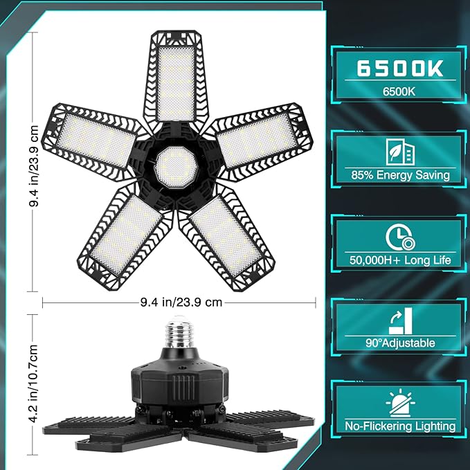 LED Garage Light - 160W 16000LM 6500K LED Garage Ceiling Lights, Screw in Shop Lighting 5+1 Deformable Panels for Attic, Basement, Workshop, E26/E27 (10)