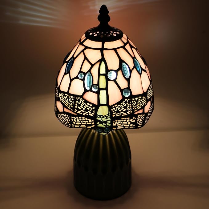 Stained Glass Mushroom Table Lamps 6X6X12.5 Inch Pink Dragonfly Style Small Night Light Ceramic Base Mini Accent Desk Light Suitable for Bedside Table Bedroom Children Room
