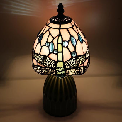 Stained Glass Mushroom Table Lamps 6X6X12.5 Inch Pink Dragonfly Style Small Night Light Ceramic Base Mini Accent Desk Light Suitable for Bedside Table Bedroom Children Room