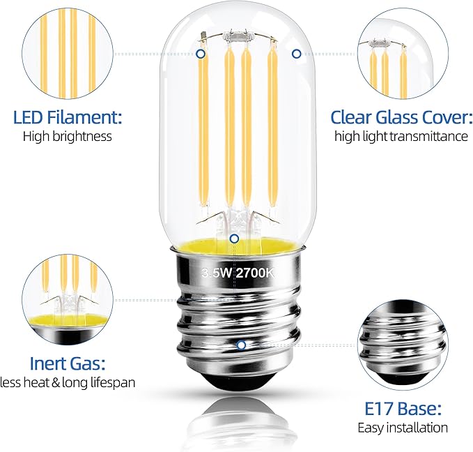 2.5 Inch E17 Intermediate Base LED Filament Bulb 360 Lumens, 2700K Soft White Dimmable Appliance Bulb AC 120V, UL Certified T8 Microwave Light Bulbs Under Hood for Refrigerator Stove 4Pack