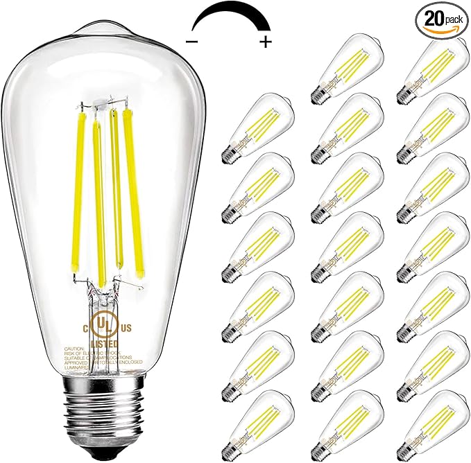 DAYBETTER 20 Pack LED Lights, Vintage LED Edison Bulbs 60 Watt Equivalent, ST58 Antique Filament Light Bulbs, E26 Dimmable Bulb with Neutral White 4000K, Brightness 8W, 800LM, Clear Glass